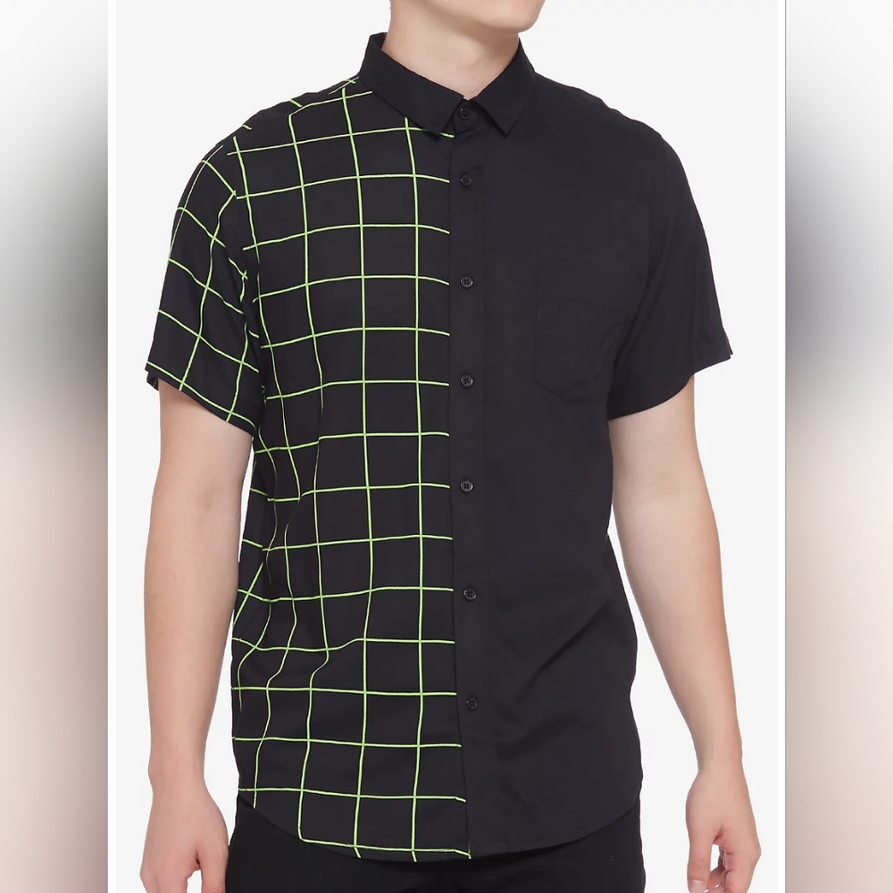 NEW - Neon Green & Black Grid Split Button-Up - Male L - Asymetrical - Cyber
